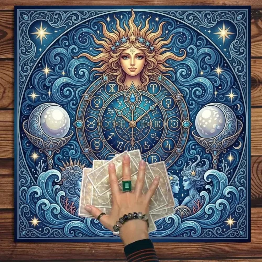 Astrological zodiac altar cloth with sun goddess mandala – Wiccan crystal healing divination mat