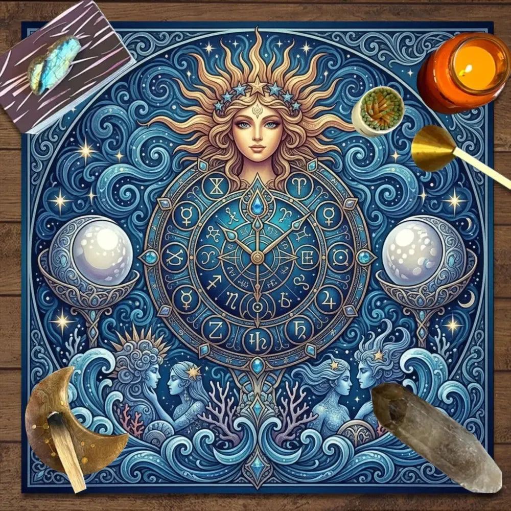 Zodiac Mandala Altar Cloth deep blue with 12 astrological signs – celestial tarot mat for Wiccan ritual