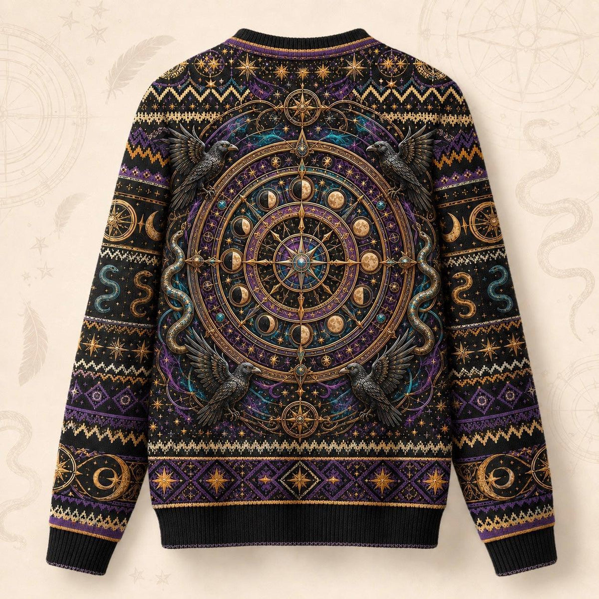 Serpent Arch Witch Sweater Zodiac Wheel Gold Teal Knit back view