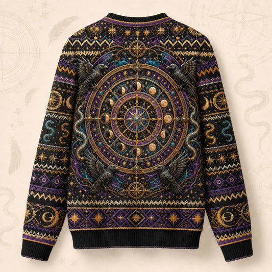 Serpent Arch Witch Sweater Zodiac Wheel Gold Teal Knit back view
