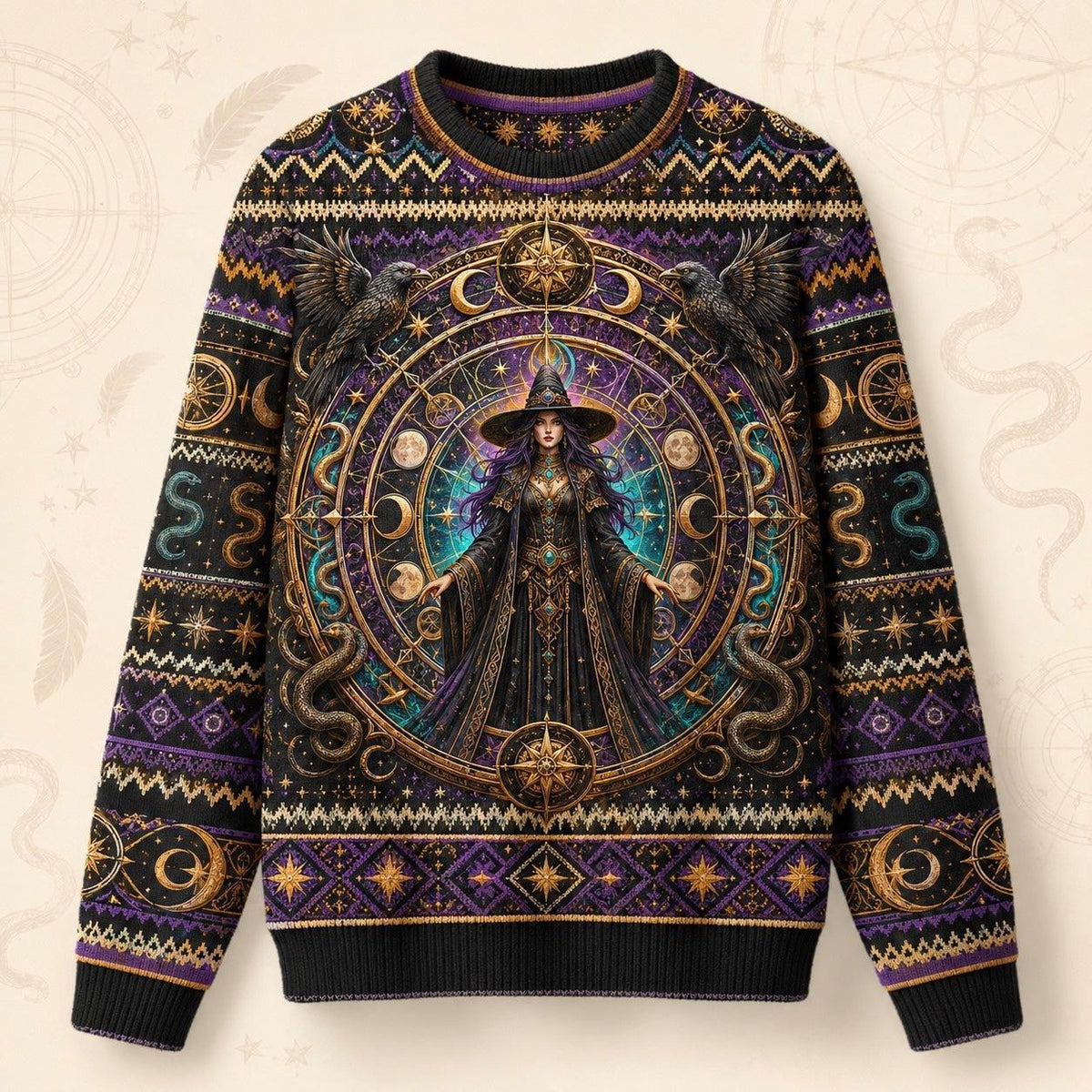 Serpent Arch Witch Sweater Zodiac Wheel Gold Teal Knit front view