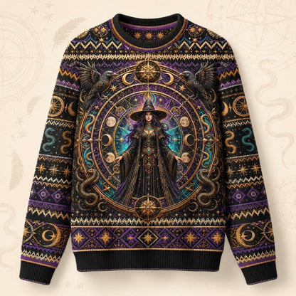 Serpent Arch Witch Sweater Zodiac Wheel Gold Teal Knit front view