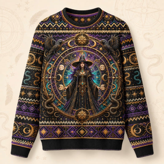 Serpent Arch Witch Sweater Zodiac Wheel Gold Teal Knit front view