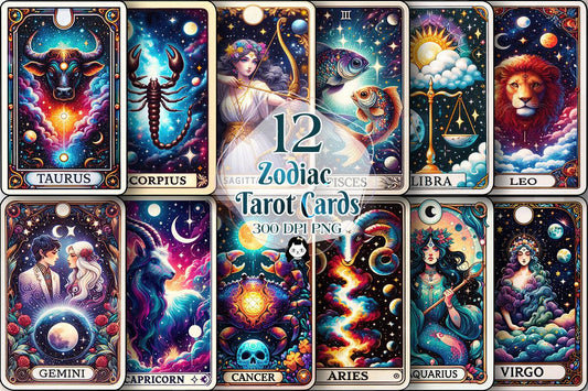12 Zodiac Sign Tarot Cards