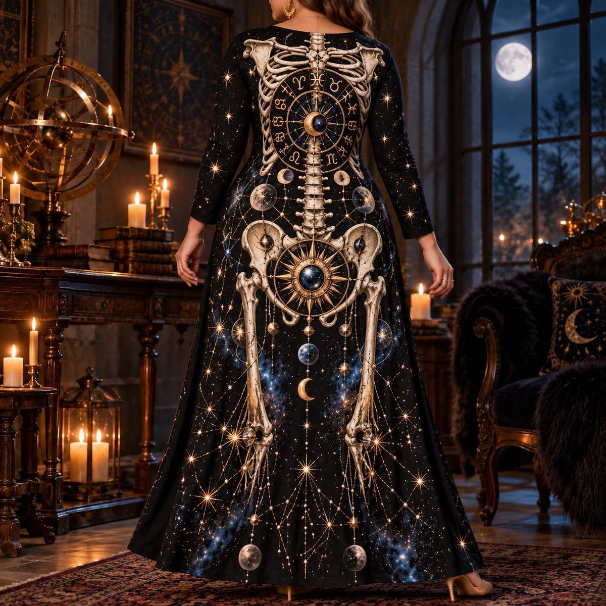 Zodiac Skeleton Plus Size Witch Dress – Celestial Long Sleeve Maxi – worn, back view