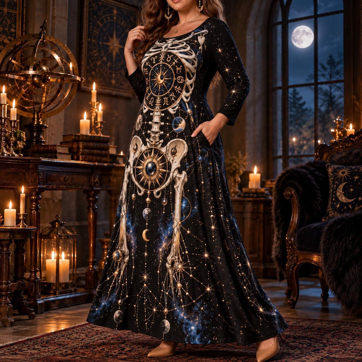 Zodiac Skeleton Plus Size Witch Dress – Celestial Long Sleeve Maxi – worn, three quarter view