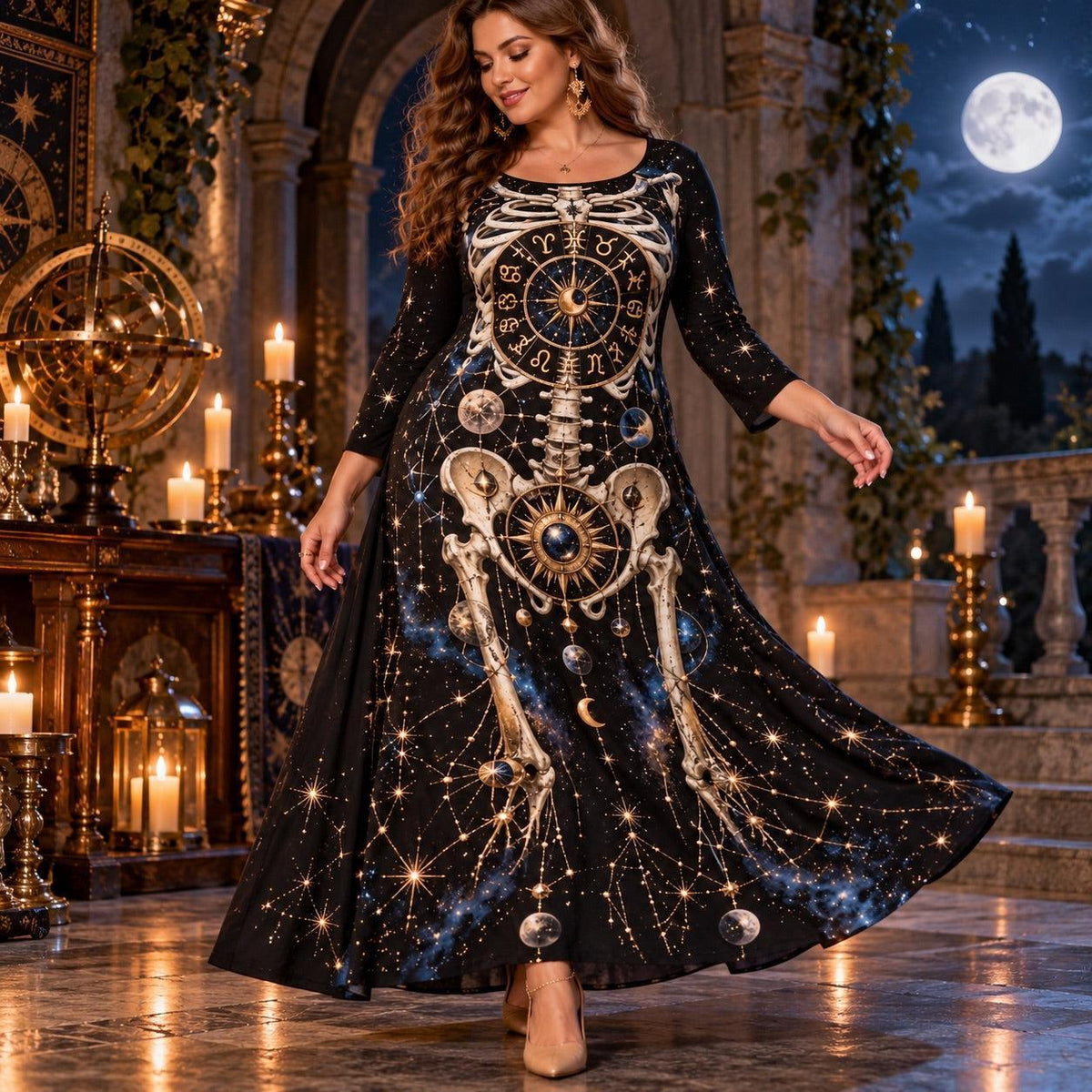 Zodiac Skeleton Plus Size Witch Dress – Celestial Long Sleeve Maxi – worn, in motion