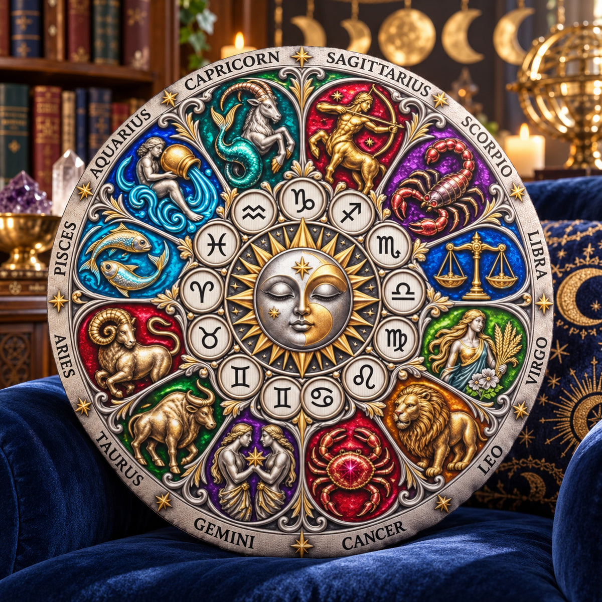 Zodiac Sun Moon Round Pillow design on a sunlit seat in a witchy room