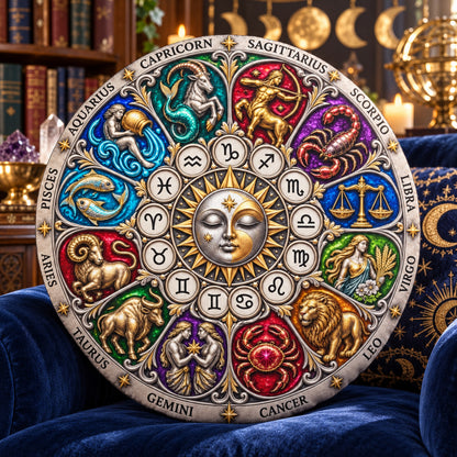 Zodiac Sun Moon Round Pillow design on a sunlit seat in a witchy room