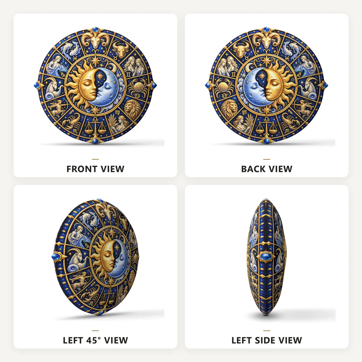 Front, back and side views: zodiac sun moon round plush pillow with zodiac wheel, sun and moon artwork