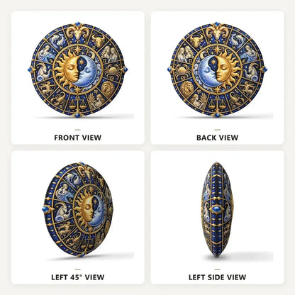 Front, back and side views: zodiac sun moon round plush pillow with zodiac wheel, sun and moon artwork