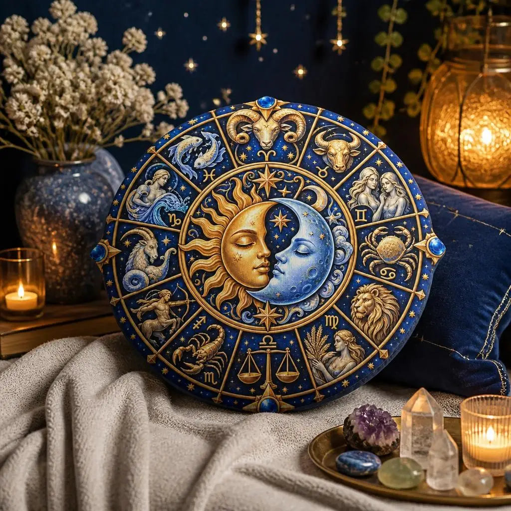 Styled on a sofa: zodiac sun moon round plush pillow with zodiac wheel, sun and moon artwork
