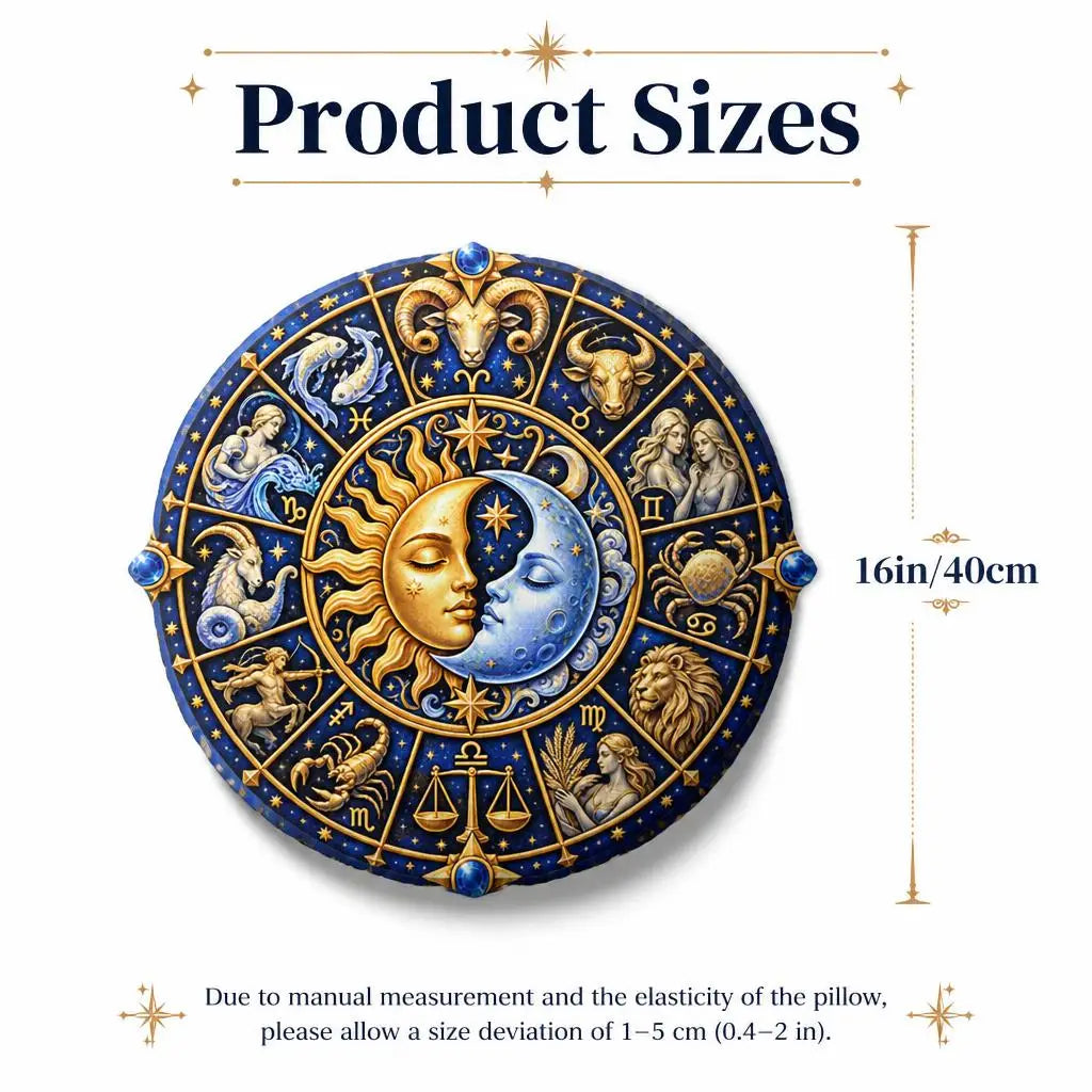 Size guide for zodiac sun moon round plush pillow, showing 16 inches / 40 cm