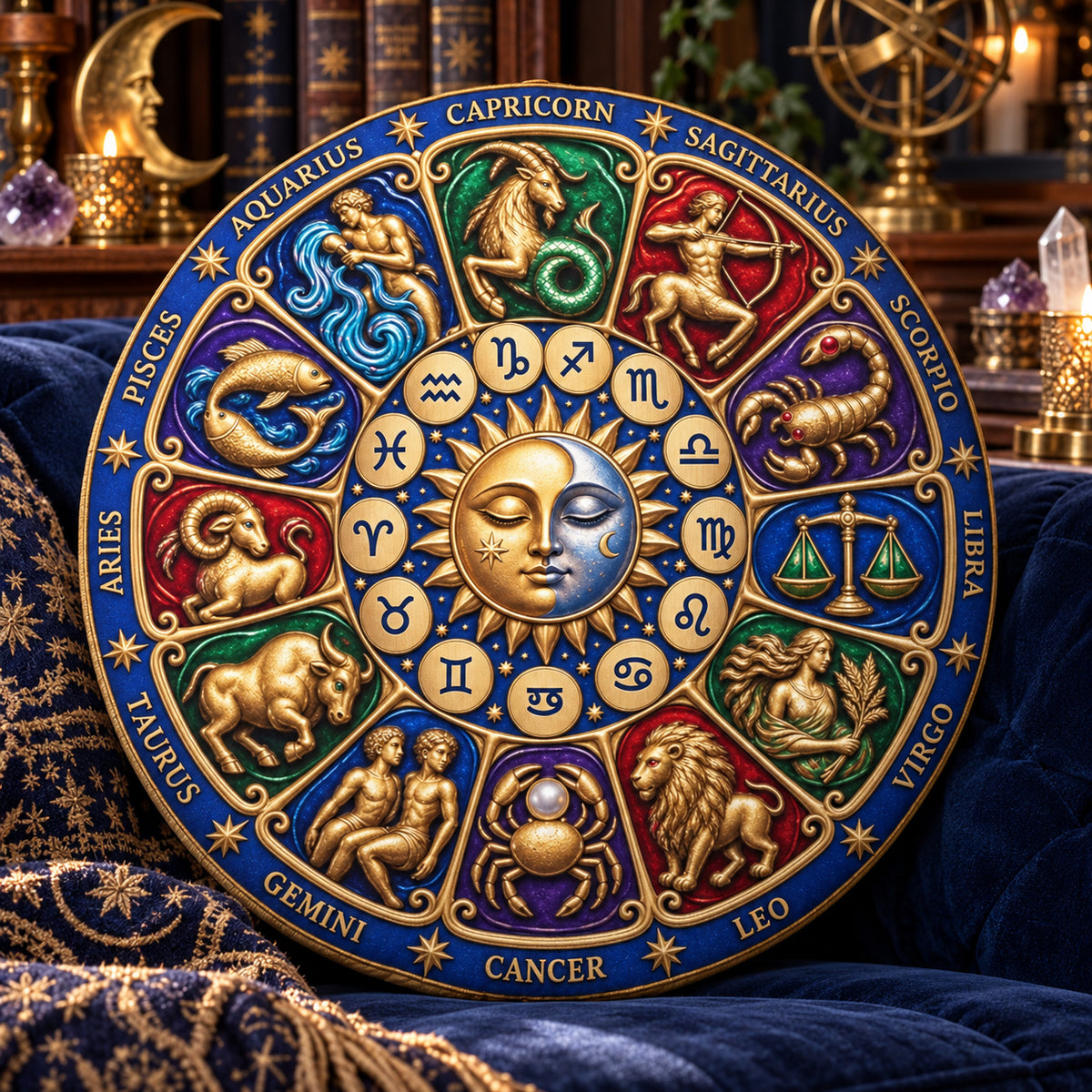 Zodiac Sun Moon Round Pillow design on a sunlit seat in a witchy room
