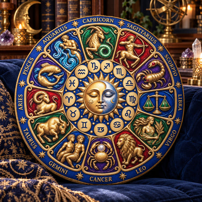 Zodiac Sun Moon Round Pillow design on a sunlit seat in a witchy room