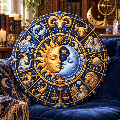 Zodiac Sun Moon Round Pillow design on a sunlit seat in a witchy room