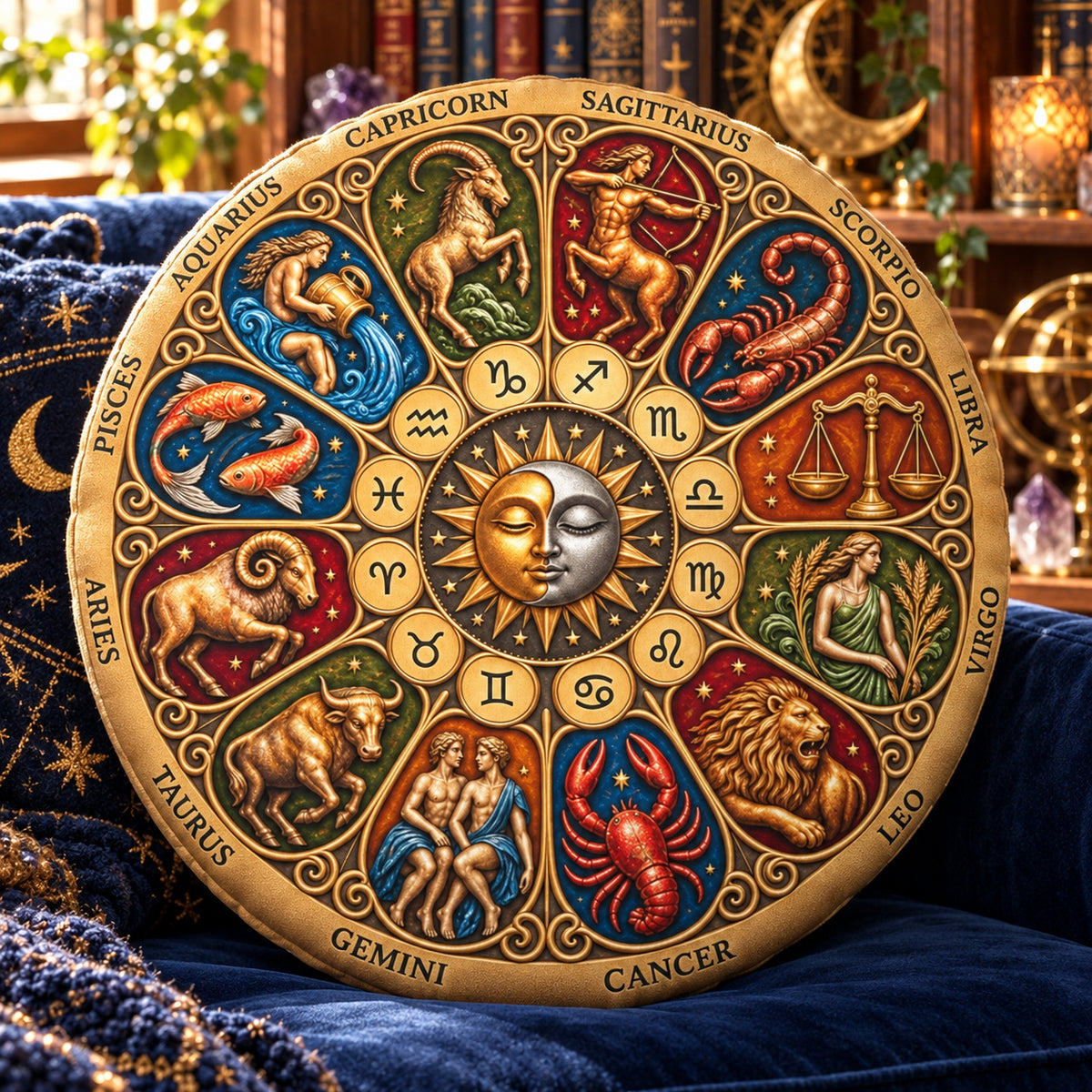Zodiac Sun Moon Round Pillow design on a sunlit seat in a witchy room