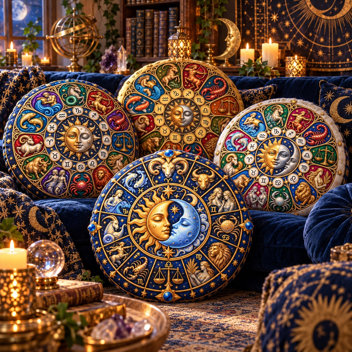 A set of ornate round astrology-themed throw pillows displayed on a dark blue velvet sofa in a cozy, decorated room. The pillows feature intricate zodiac and celestial designs in gold, blue, red, and green, with one pillow showing a detailed sun and moon zodiac wheel and another showing a ram and sun motif.