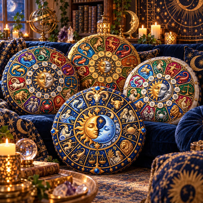 A set of ornate round astrology-themed throw pillows displayed on a dark blue velvet sofa in a cozy, decorated room. The pillows feature intricate zodiac and celestial designs in gold, blue, red, and green, with one pillow showing a detailed sun and moon zodiac wheel and another showing a ram and sun motif.
