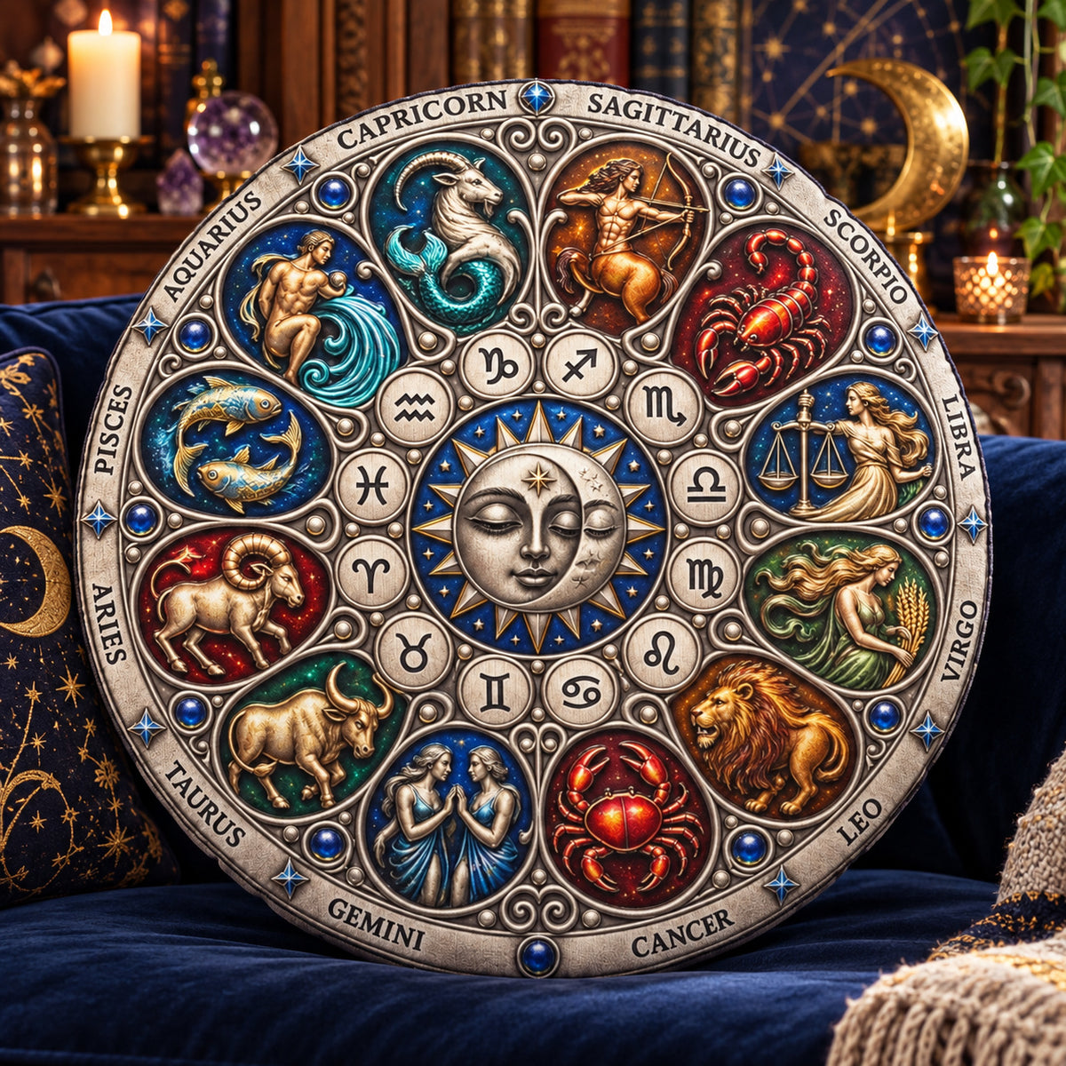 Zodiac Sun Moon Round Pillow design on a sunlit seat in a witchy room