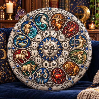 Zodiac Sun Moon Round Pillow design on a sunlit seat in a witchy room