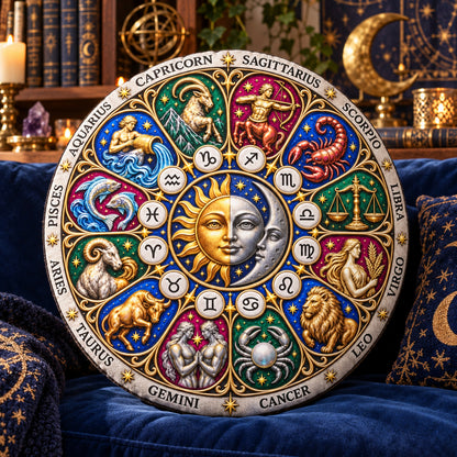 Zodiac Sun Moon Round Pillow design on a sunlit seat in a witchy room