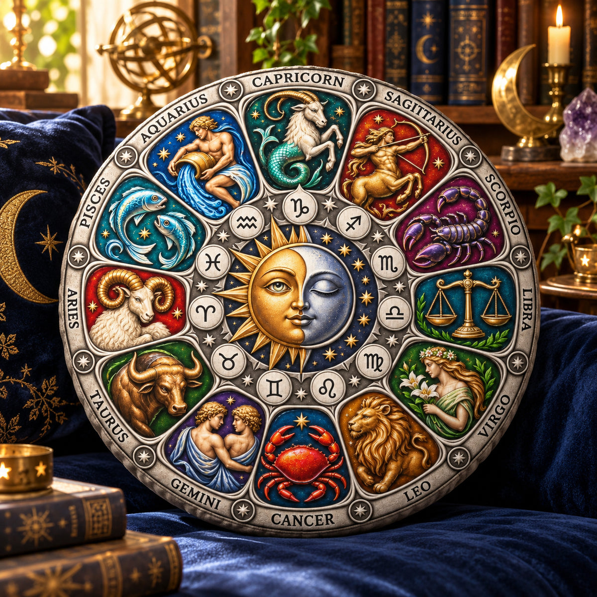 Zodiac Sun Moon Round Pillow design on a sunlit seat in a witchy room