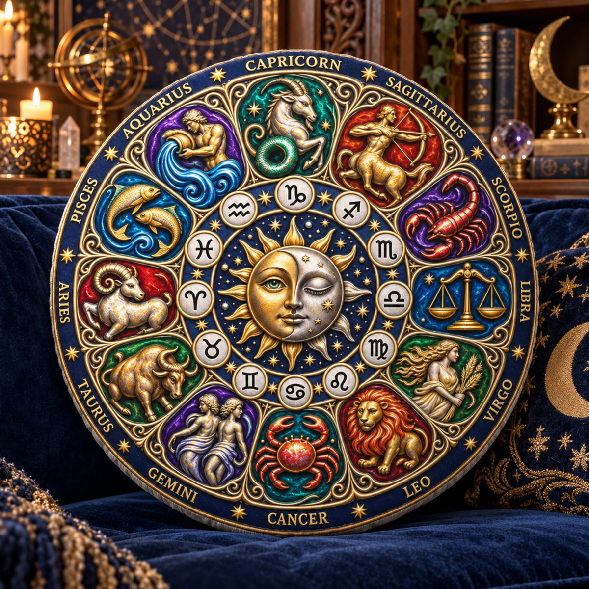 Zodiac Sun Moon Round Pillow design on a sunlit seat in a witchy room