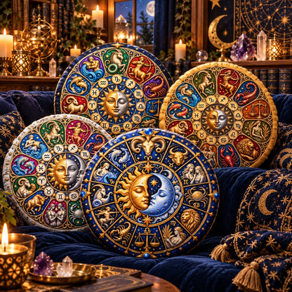 Four round astrology-themed throw pillows with detailed zodiac wheel designs in gold, blue, red, and silver, arranged on a dark blue velvet sofa in a mystical, candle-lit room.