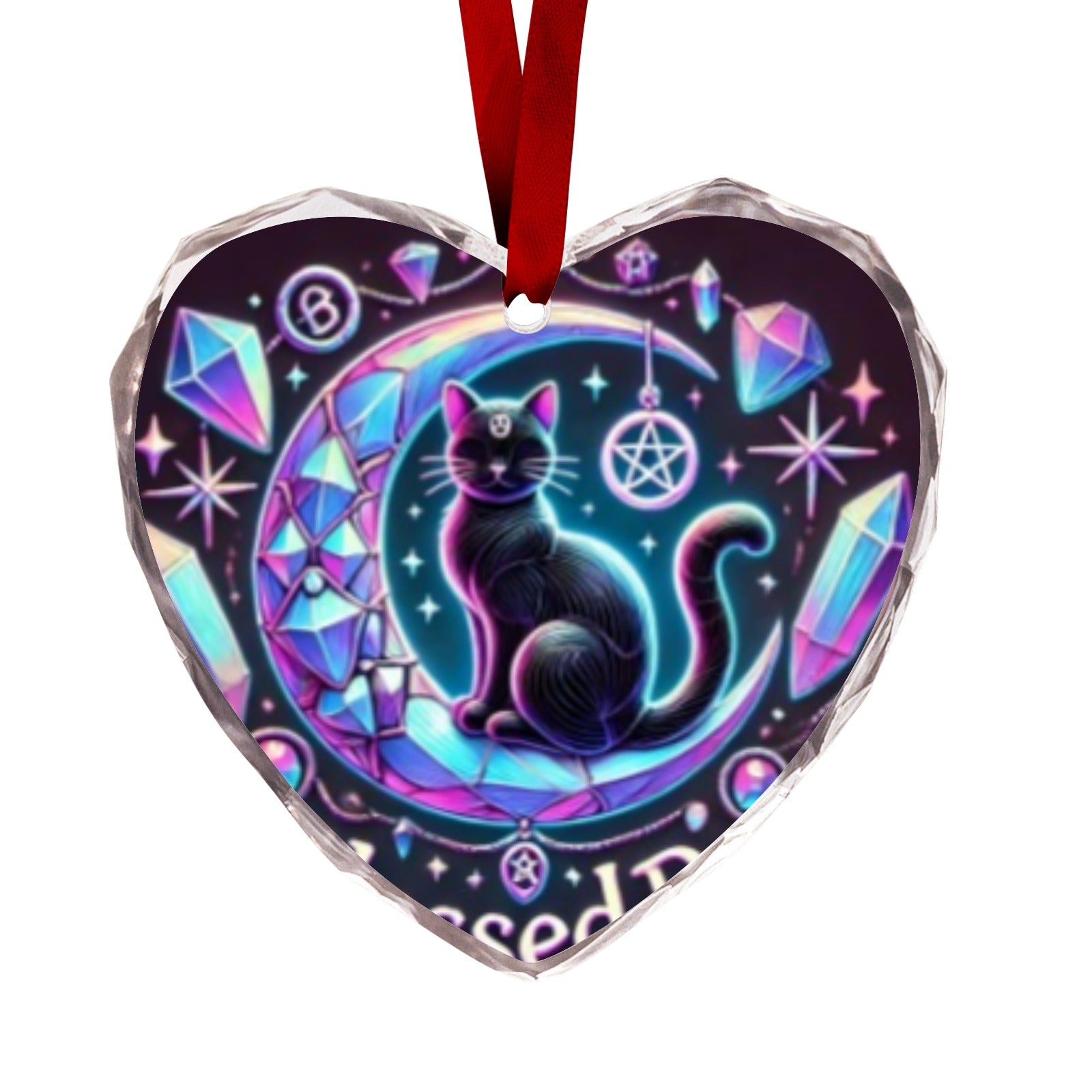 Crescent moon Black Cat Wicca Christmas Heart-Shaped Crystal Glass Ornament-MoonChildWorld