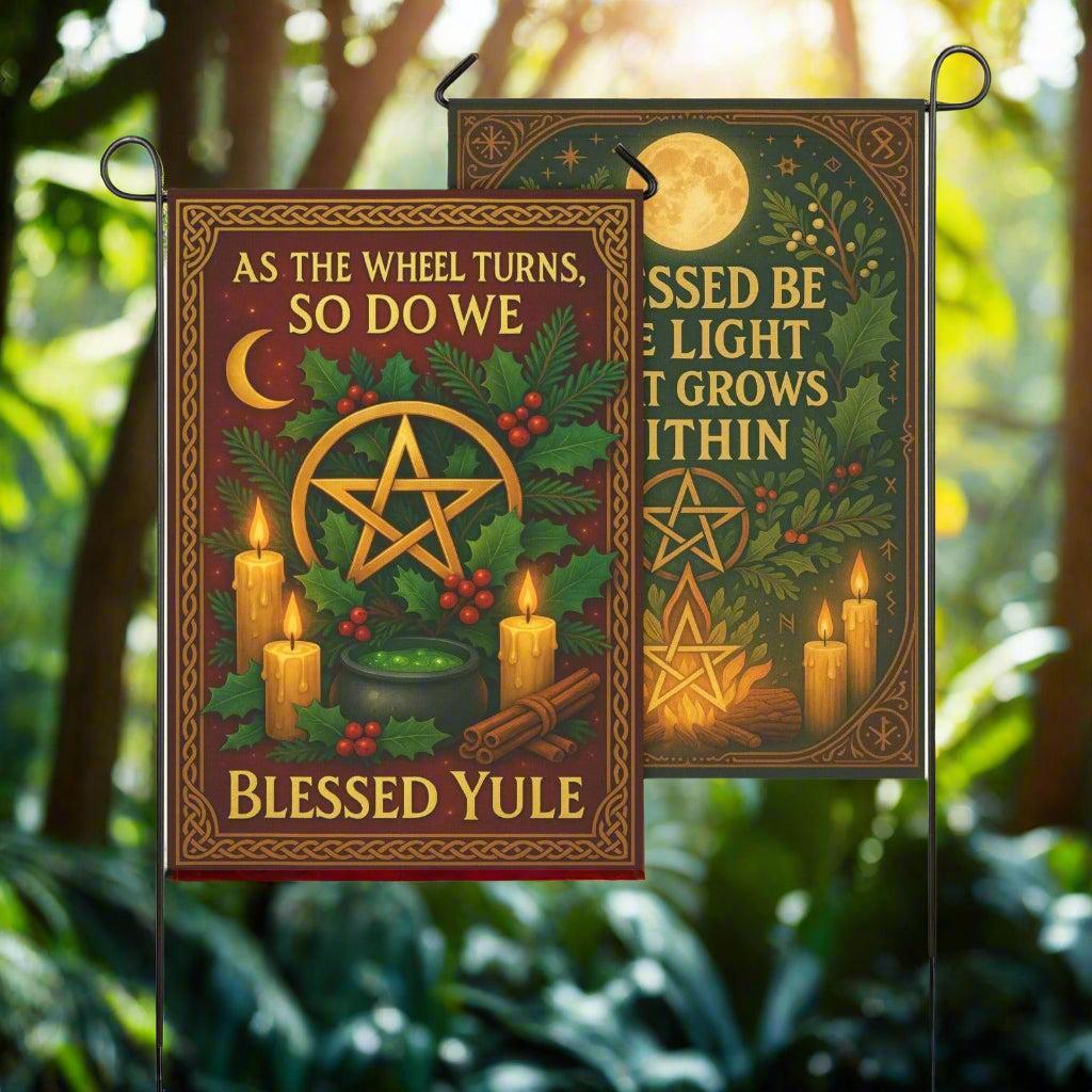 Yule Celebration with Pentacle Wicca Garden Flag and House Flag Pagan Home Decor-MoonChildWorld