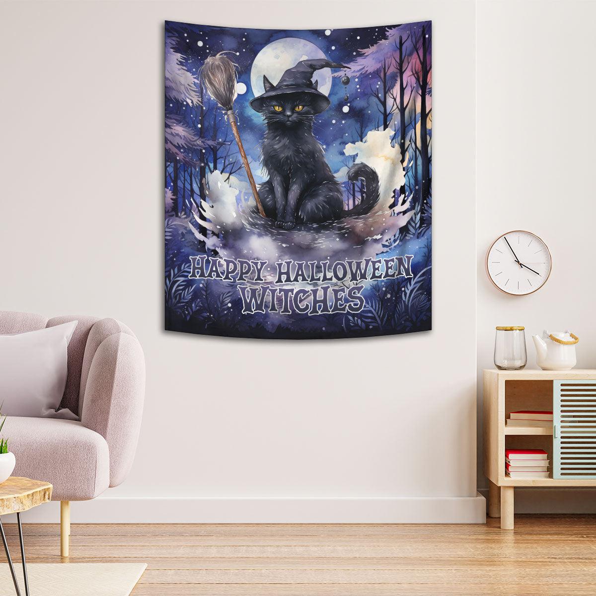 Witchy Cat Tapestry Occult Wall Hanging for Halloween-MoonChildWorld