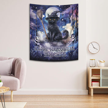 Witchy Cat Tapestry Occult Wall Hanging for Halloween