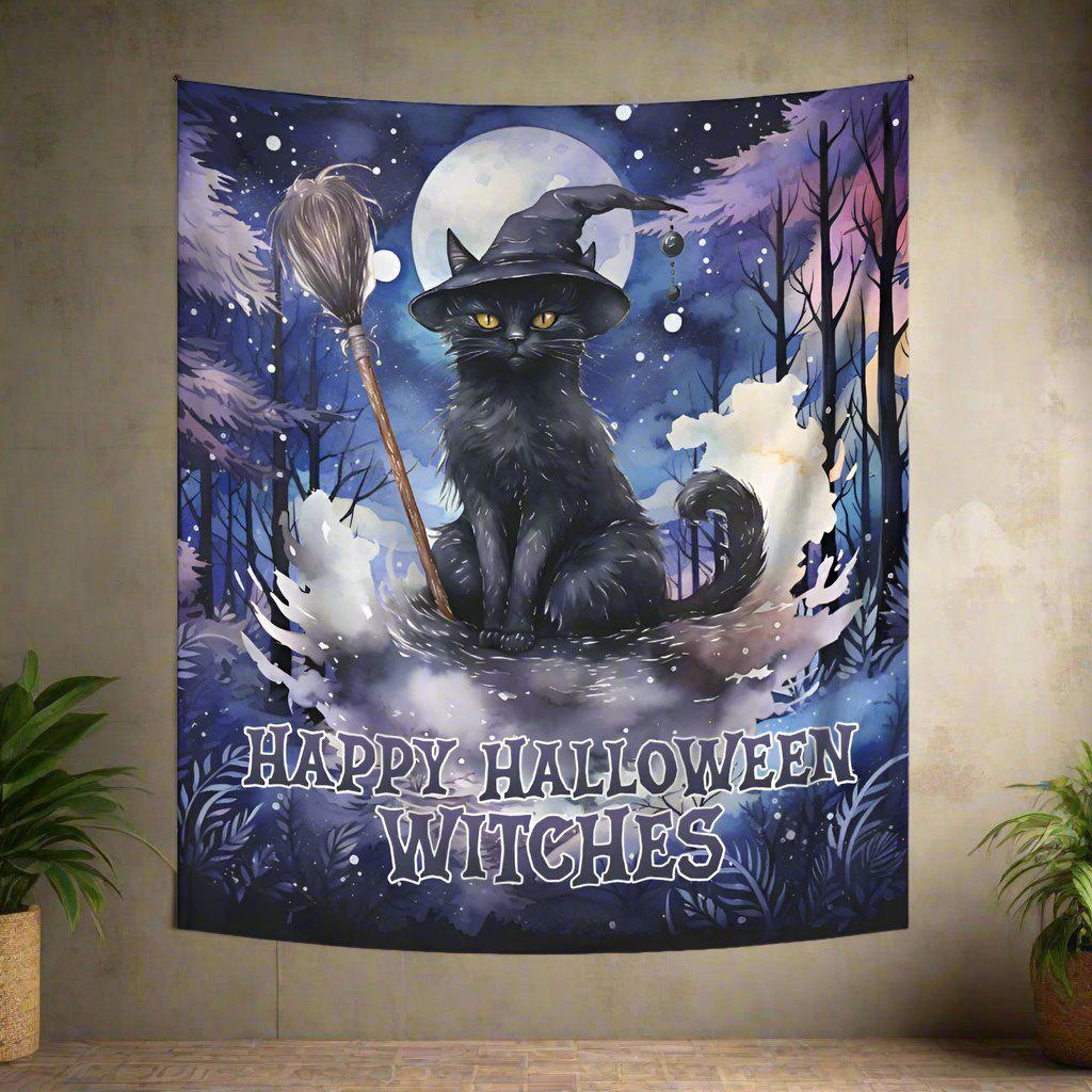 Witchy Cat Tapestry Occult Wall Hanging for Halloween-MoonChildWorld