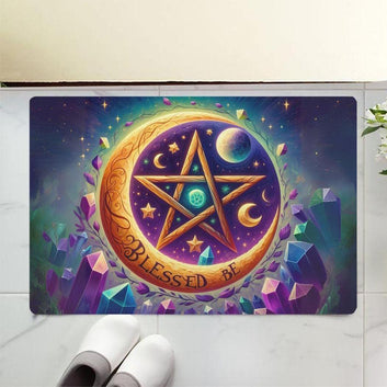 Blessed Be Crystal Moon Pentacle Wiccan Doormat for Pagan Decor