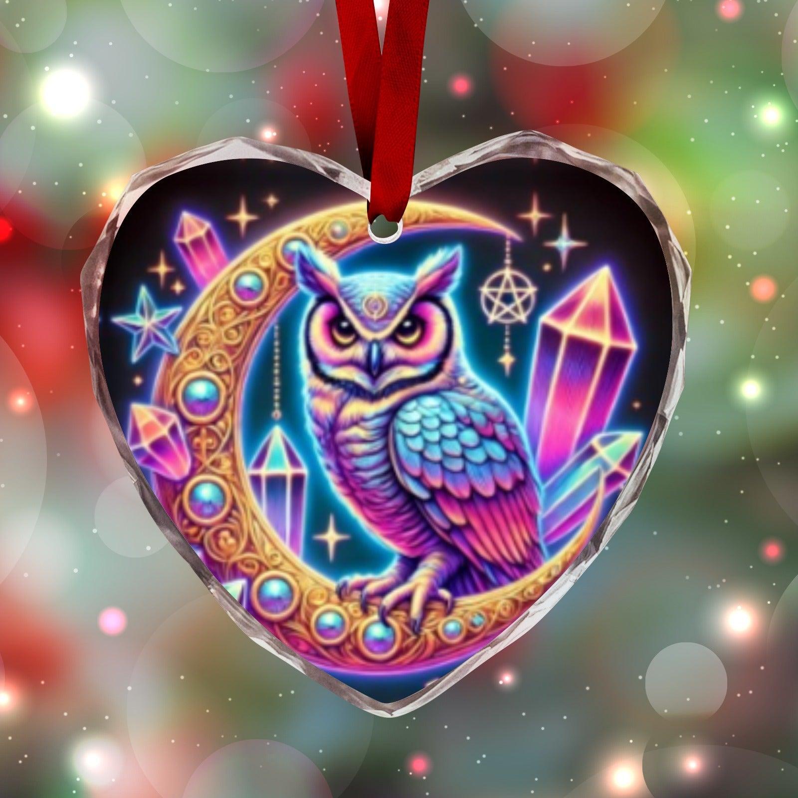 Mystic Moon Owl Wiccan Christmas Heart-Shaped Crystal Glass Ornament-MoonChildWorld