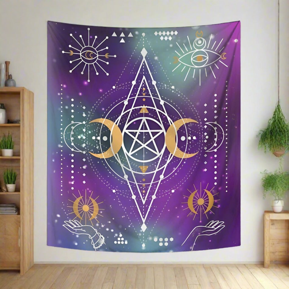 Pentacle Triple Moon Wicca Tapestry Pagan Wall Hanging-MoonChildWorld