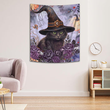 Witchy Cat Tapestry Gothic Wall Hanging for Halloween