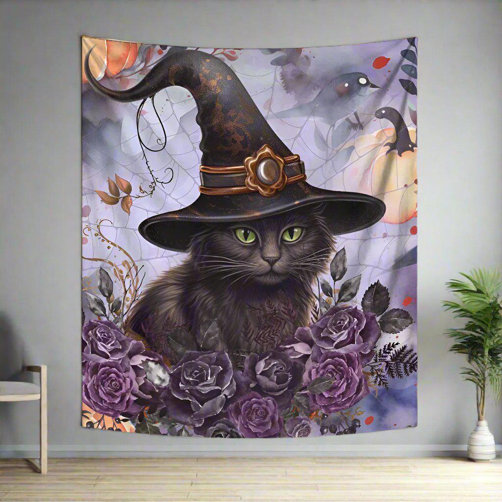 Witchy Cat Tapestry Gothic Wall Hanging for Halloween-MoonChildWorld