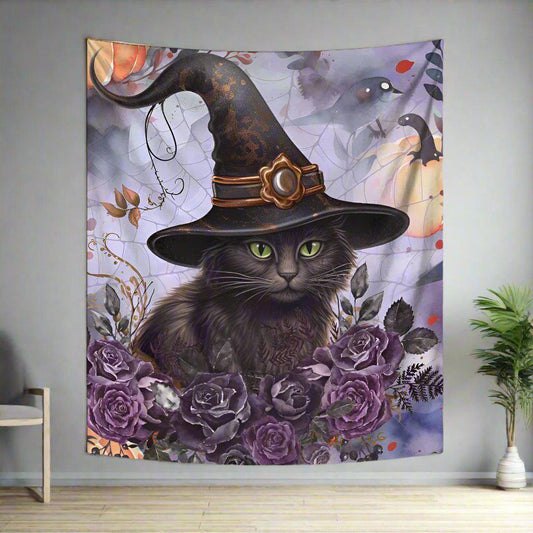 Witchy Cat Tapestry Gothic Wall Hanging for Halloween