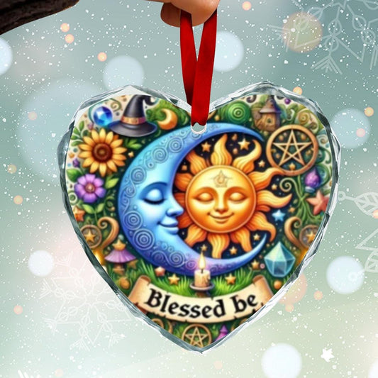 Wicca Sun Moon Pagan Blessed Yule Heart-Shaped Crystal Glass Ornament