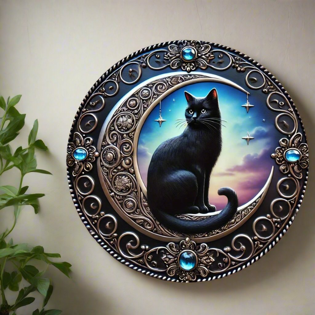 Enchanting Black Cat on a Crescent Moon Metal Sign-MoonChildWorld