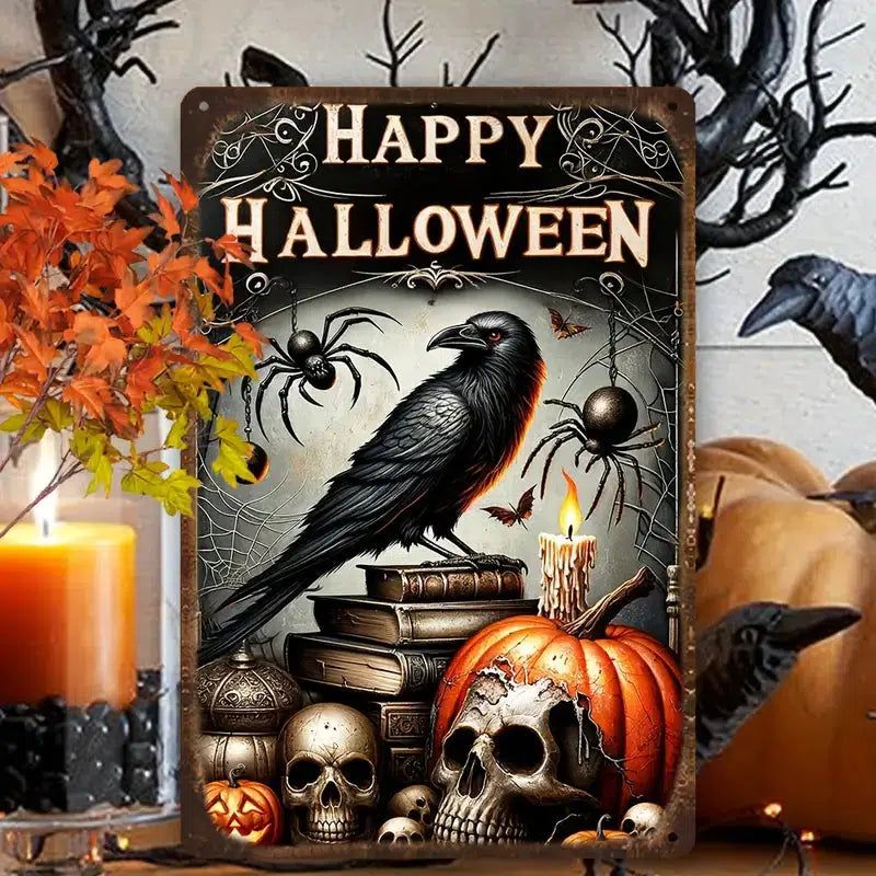 Black Raven Metal Sign Gothic Crow Wall Art Spooky Halloween Welcome Sign-MoonChildWorld