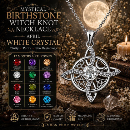 April White Crystal Witch Knot Necklace with pentacle, moon, and birthstone chart for mystical jewelry lovers