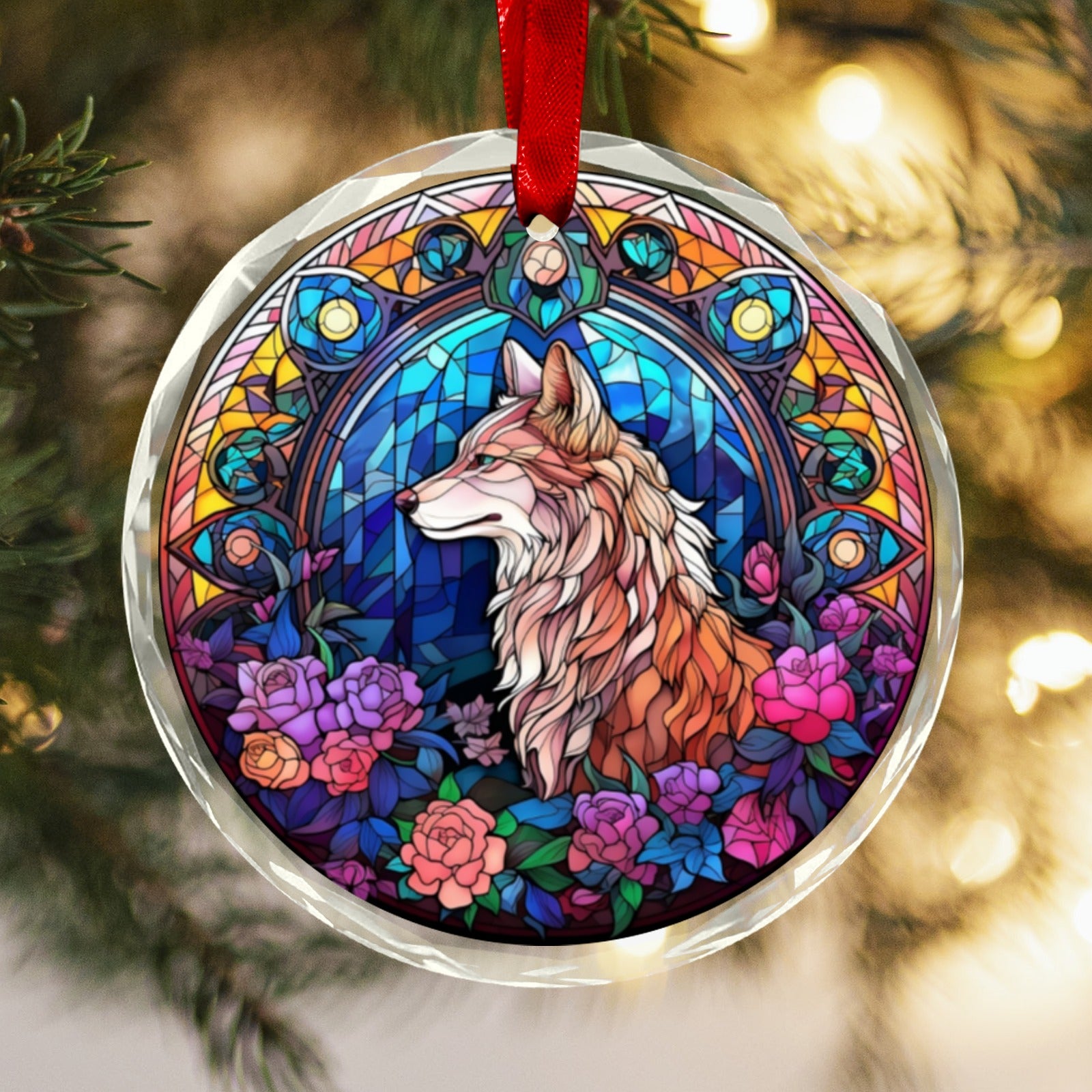 White Wolf Glass Christmas Ornament-MoonChildWorld