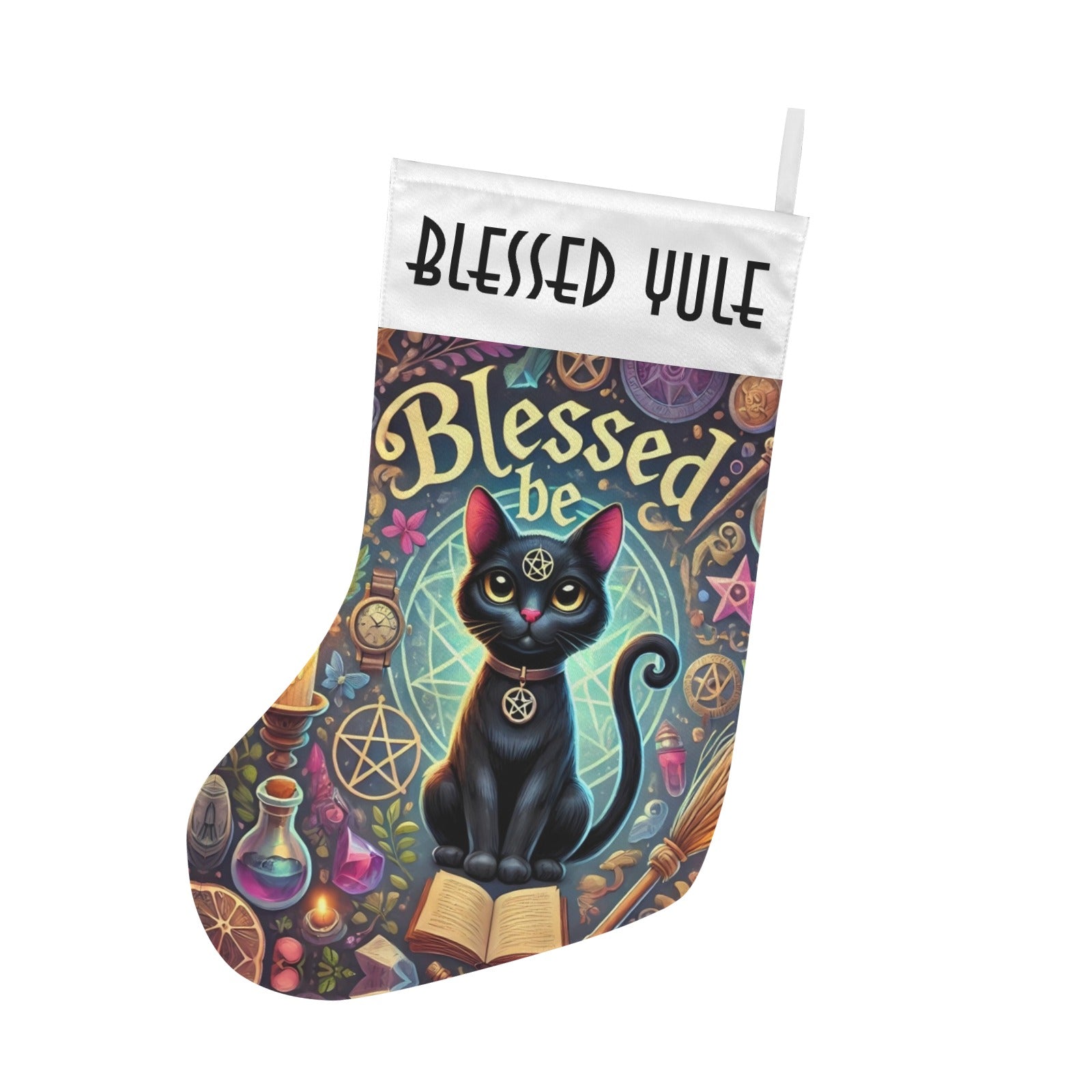 Blessed Yule Witch Black Cat Christmas Stocking for Yule Decorations-MoonChildWorld