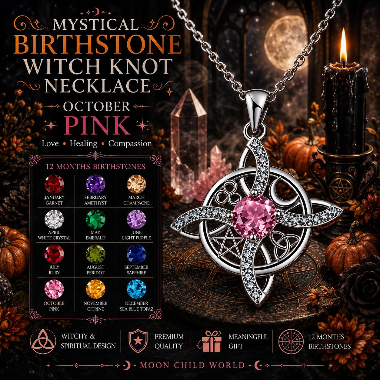 Mystical October pink birthstone witch knot necklace with pentacle design, crystal, candle, and altar decor