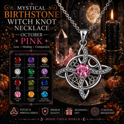 Mystical October pink birthstone witch knot necklace with pentacle design, crystal, candle, and altar decor