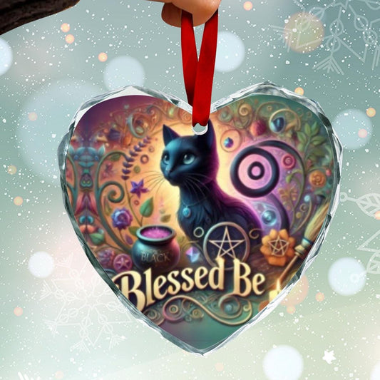 Wicca Black Cat Witchy Christmas Heart-Shaped Crystal Glass Ornament