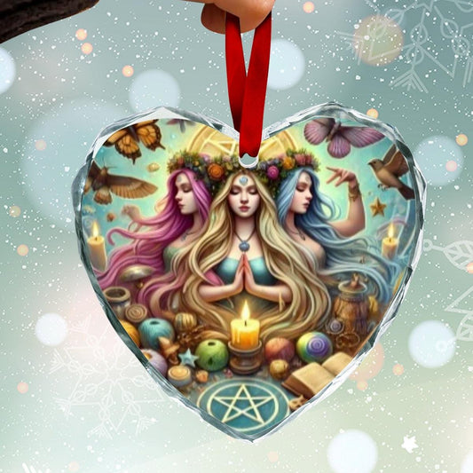 Triple Goddess Hecate Wicca Christmas Heart-Shaped Crystal Glass Ornament